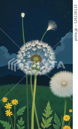 Dandelion clocks illustration in night meadow with stars 126136115