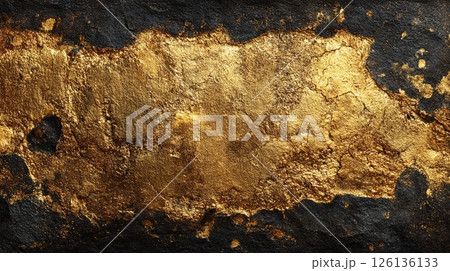 Gold grunge background texture. Shiny, metallic surface has rough old wall appearance. Antique, aged design is suitable for art, vintage paper, retro posters, invitation cards 126136133