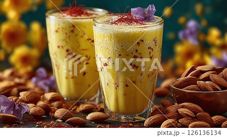 Glass badam milk beverage with saffron strands, chopped almonds on colorful background. Traditional indian drink, dairy beverage, healthy refreshment, cooling drink, summer vibes. Vegetarian meal 126136134