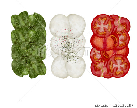 Ingredients for a delicious salad include fresh spinach, mozzarella, and tomato slices 126136197