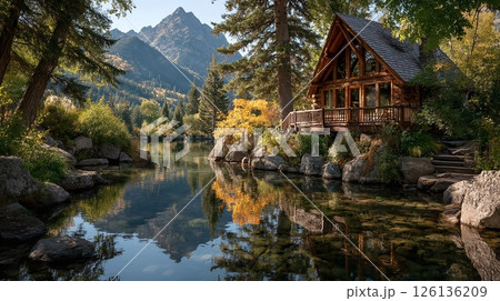 Idyllic log cabin sits on serene lake surrounded by trees, majestic mountains. Tranquil waters reflect charming home with wooden deck. Cabin perfect vacation rental for people love nature, peaceful 126136209