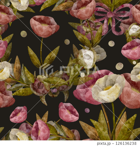 Delicate decorative peonies pink and cream color with green foliage, hand drawn digital art seamless pattern 126136238