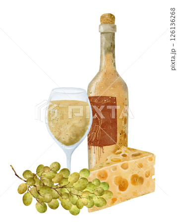 A stunning still life of wine, cheese, and grapes that enriches gatherings and delights the senses 126136268