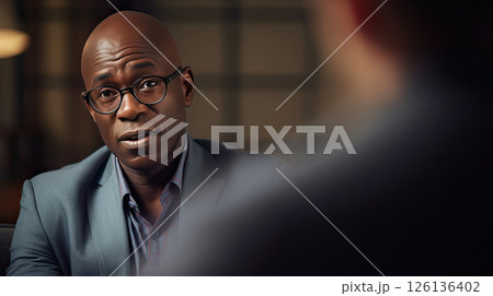 African American man in eyeglasses at an appointment with a psychologist. He delves into the problem and helps the patient solve it. Psychotherapist listens carefully to the patient’s story. 126136402