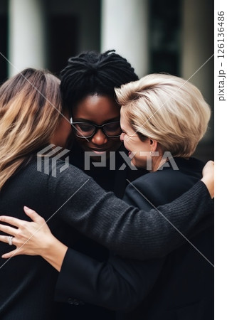 People of various nationalities join in collective hug showing unity and smiling. Diverse assembly consisting of people of all ages races and backgrounds comes for group pose hugging. 126136486