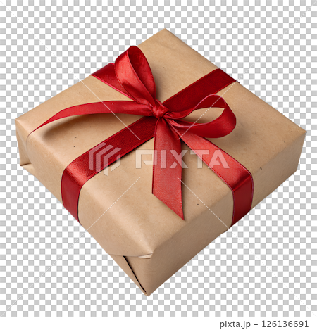 Elegant wrapped gift box with silk red bow isolated on transparent background, minimalist holiday present 126136691