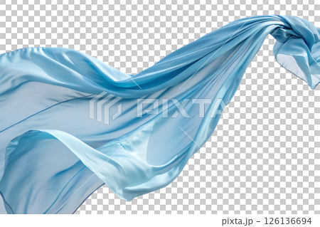 Flowing light blue silk fabric, smooth and delicate texture with elegant ripples and soft shimmering highlights 126136694