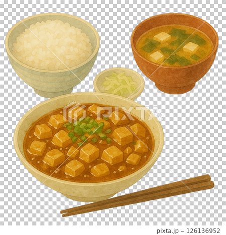 水彩風 麻婆豆腐定食のイラスト 126136952