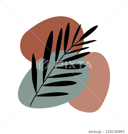 Botanical Leaf with Abstract Shape. Minimal black leaf illustration combined with soft abstract background shapes in earthy tones. 126136965