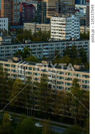 urban landscape with tall buildings and several trees, residential area, multi-storey buildings. 126137049