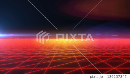 A futuristic digital grid landscape with a glowing red horizon and dark background, evoking retro sci-fi aesthetics A futuristic digital grid landscape with a glowing red horizon and dark background, evoking retro sci-fi aesthetics 126137245
