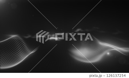 Abstract monochrome background with white digital particles flowing dynamically, futuristic technology concept 126137254