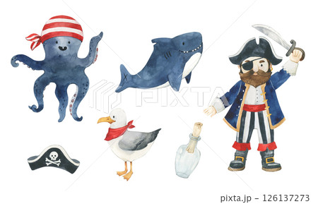 Pirate, octopus, shark seagull, bottle and pirate hat watercolor illustrations set. Hand drawn clipart for kids design 126137273