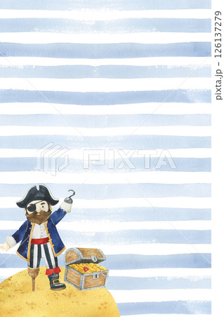Pirate watercolor card template with a space for text. Pirate on the ocean with blue stripes Pirate watercolor card template with a space for text. Pirate on the ocean with blue stripes 126137279