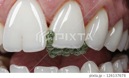 Professional dentist working on patient's teeth, applying green sealant for protection and prevention of cavities, ensuring oral health and hygiene 126137678
