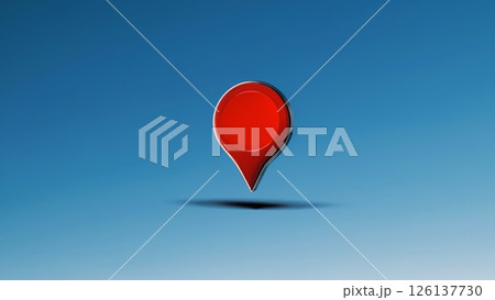 Red location pin rotating and changing position against minimal blue background, symbolizing digital navigation and geographic positioning with smooth, modern design approach 126137730