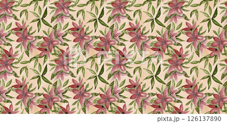 Neutral colors seamless pattern with hand painted watercolor maroon pink lilies on orange brown background. Delicate watercolour stylized flowers floral print for textile, surface design, wallpaper 126137890
