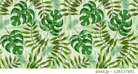 Watercolor seamless pattern with overlay textured green colors tropical monstera, fern leaves on textured stains, strokes background. Trendy exotic plants print for textile, wrapping paper, surface Watercolor seamless pattern with overlay textured green colors tropical monstera, fern leaves on textured stains, strokes background. Trendy exotic plants print for textile, wrapping paper, surface 126137891