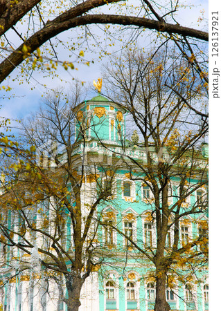 the incredibly picturesque facade of the Winter Palace through the branches of trees on a clear spring day, the heritage of Russia, the most famous landmark of St. Petersburg, the museum the incredibly picturesque facade of the Winter Palace through the branches of trees on a clear spring day, the heritage of Russia, the most famous landmark of St. Petersburg, the museum 126137921
