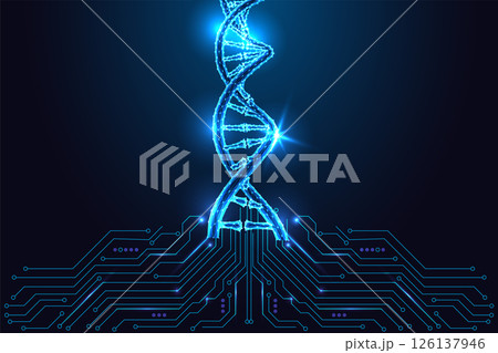 Biotechnology, digital DNA analysis concept with glowing helix and circuit board vector illustration Biotechnology, digital DNA analysis concept with glowing helix and circuit board vector illustration 126137946