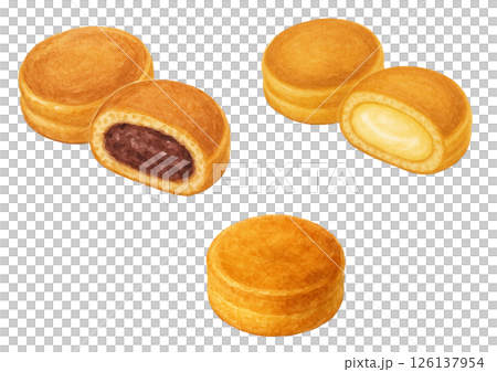 今川焼きのイラスト（あんこ・カスタード・プレーン・手描き風） 126137954