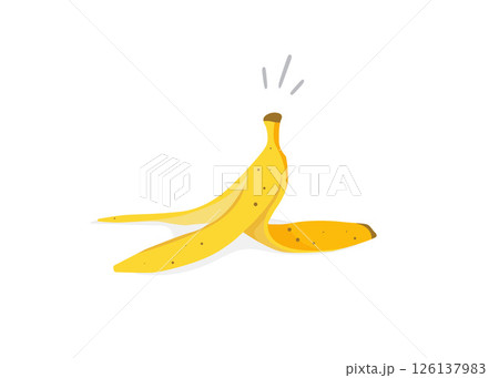 Banana peel isolated on white background. Yellow banana peel with brown spots, lying on a white surface. Victor Illustration. Stock Illustration 126137983
