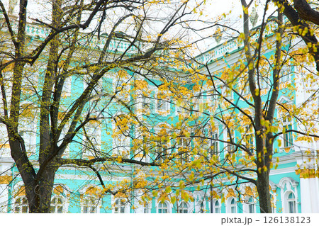 the incredibly picturesque facade of the Winter Palace through the branches of trees on a clear spring day, the heritage of Russia, the most famous landmark of St. Petersburg, the museum the incredibly picturesque facade of the Winter Palace through the branches of trees on a clear spring day, the heritage of Russia, the most famous landmark of St. Petersburg, the museum 126138123