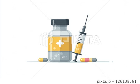 Stylized vaccine bottle and syringe placed alongside capsules, designed for use in healthcare graphics and educational content about immunization. 126138361
