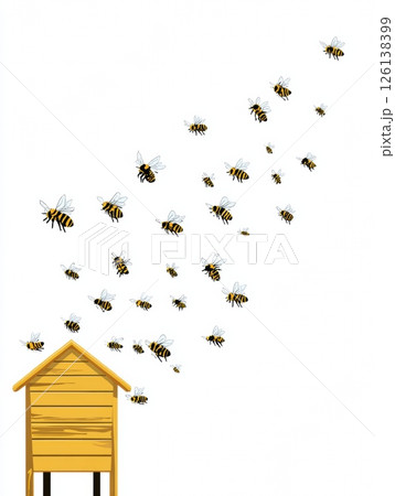 A beehive box stands prominently with numerous bees flying around it, illustrating the lively activity of pollinators in a bright and open setting 126138399