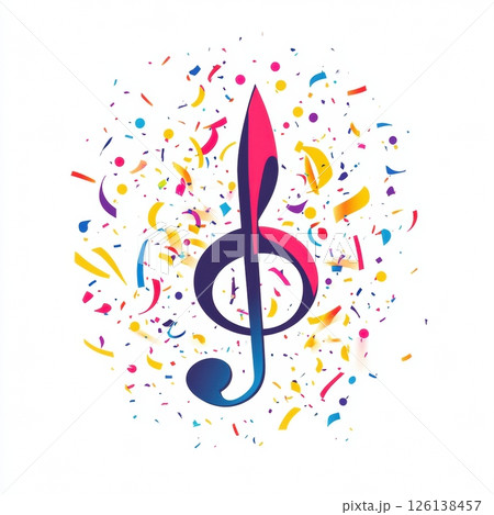 Festival-themed logo showcases a vibrant music note amidst cheerful confetti, creating a joyful atmosphere ideal for music events and celebrations. 126138457
