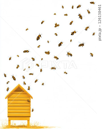 Yellow beehive box stands prominently with numerous bees buzzing around, illustrating the importance of these insects in nature and their role in pollination. 126138461