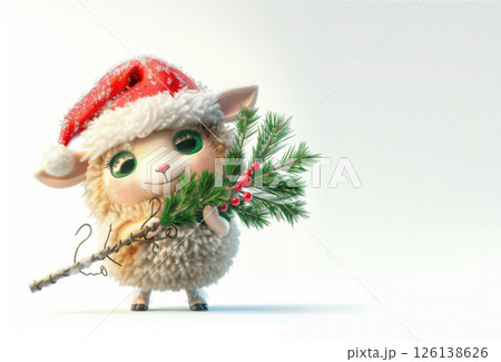 Sheep in a Santa Hat and Holding a Christmas Tree: Festive 3D Illustration for Joyful Holiday Designs 126138626