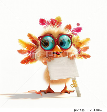 Funny gobbler holding a blank sign, ideal for showcasing menus, event invites, or promotional sales. Delightful 3D illustration Funny gobbler holding a blank sign, ideal for showcasing menus, event invites, or promotional sales. Delightful 3D illustration 126138628