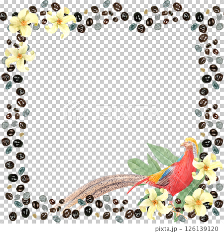 Papaya seeds, exotic bird, yellow flowers watercolor frame isolated on white. Hand-painted tropical border perfect for cafe branding, packaging, menu design, invitations, and social media graphics 126139120