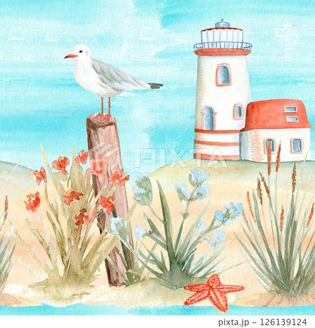 Coastal grass, seagull, lighthouse, starfish watercolor seamless border. Perfect for website headers, packaging, blog backgrounds, labels, fabric borders, and wall art. Nautical, beach-themed designs 126139124