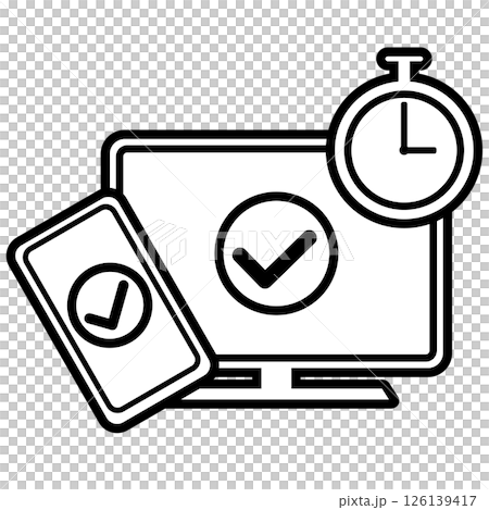 パソコンとスマートフォンと時計のイラスト　タイムカードのシステムのアイコンイラスト 126139417