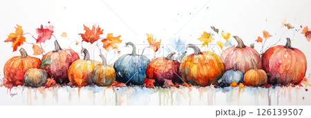 watercolor painting showcasing row pumpkins autumn 126139507