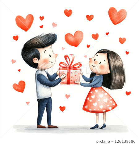 watercolor illustration boy giving gift girl 126139586