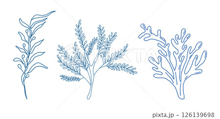 Marine elements doodle style set in blue la dolce vita. Italian style. Undersea world. Menu design of postcard and poster. Vector illustration. 126139698