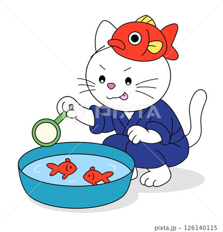 金魚すくいに挑戦する猫 126140115