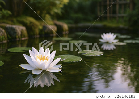 白い睡蓮の花が咲く池 126140193