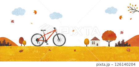 自転車と秋の草原の風景水彩 126140204