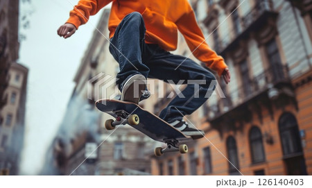 A person riding a skateboard on a busy city street, a skateboarder mid-air 126140403