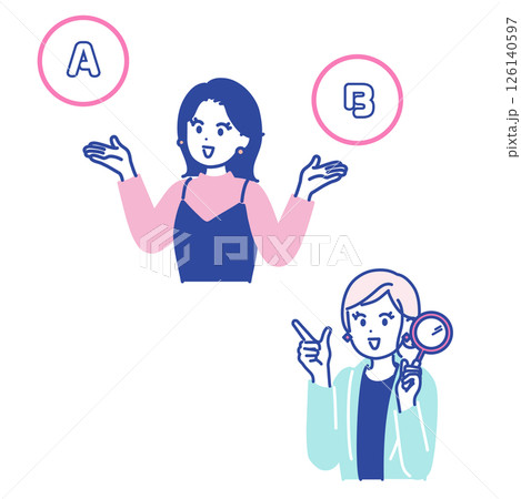 2つを比べる女性と、虫眼鏡を持った女性のイラストセット素材 126140597