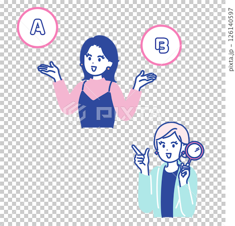 Illustration set of a woman comparing two things and a woman holding a magnifying glass 126140597