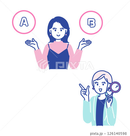 2つを比べる女性と、虫眼鏡を持った女性のイラストセット素材 126140598
