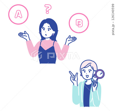 2つを比べる女性と、虫眼鏡を持った女性のイラストセット素材 126140599