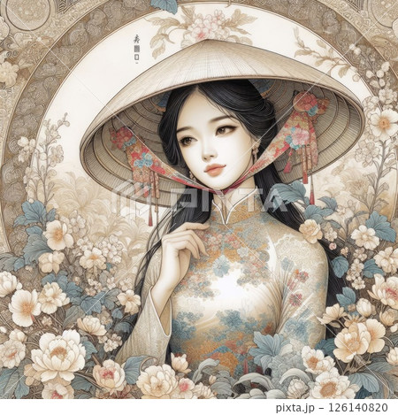 Vietnamese beauty elegant Figure Amidst a Floral Fantasy with Generative AI. 126140820