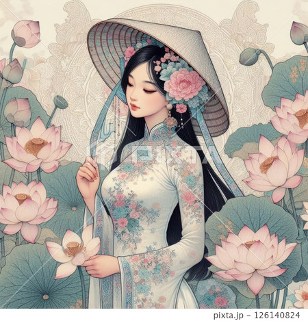 Vietnamese beauty elegant Figure Amidst a Floral Fantasy with Generative AI. 126140824