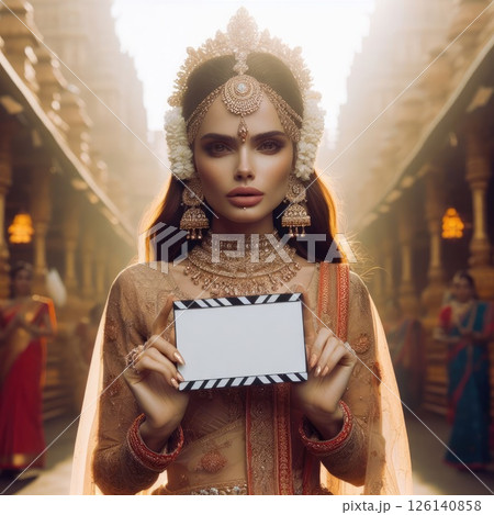 Young Indian girl with traditional clothing holding blank sign with Generative AI. 126140858
